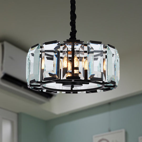 Antique Style Crystal Block Drum Ceiling Light Fixture - 4-Light Black Chandelier for Bedroom