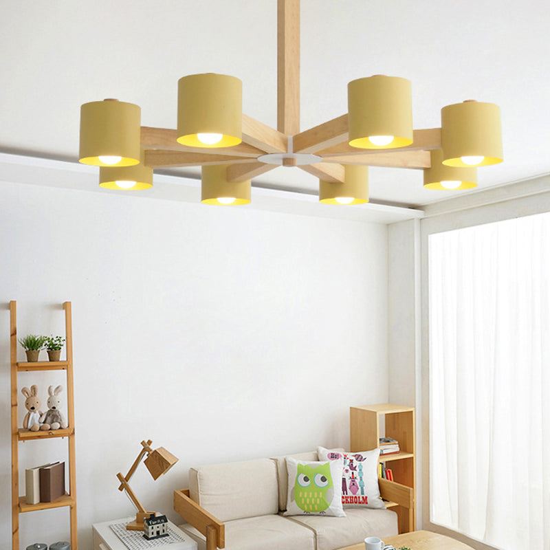 Modern Wood Cylindrical Kid's Bedroom Pendant Light with Shade - Ceiling Chandelier