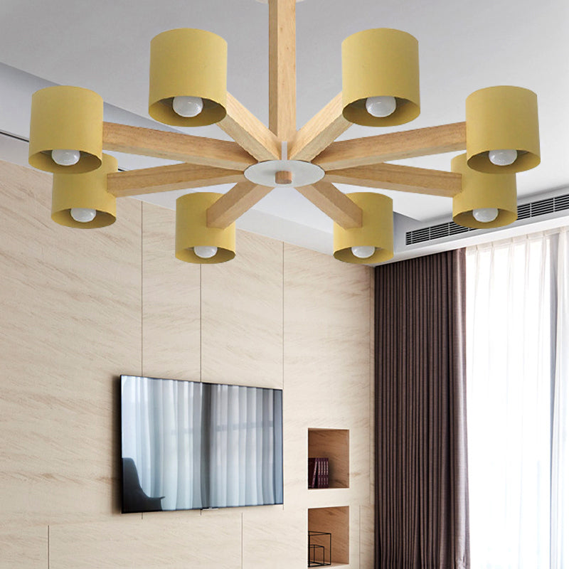 Modern Wood Cylindrical Kid's Bedroom Pendant Light with Shade - Ceiling Chandelier