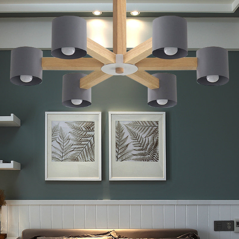 Modern Wood Cylindrical Kid's Bedroom Pendant Light with Shade - Ceiling Chandelier