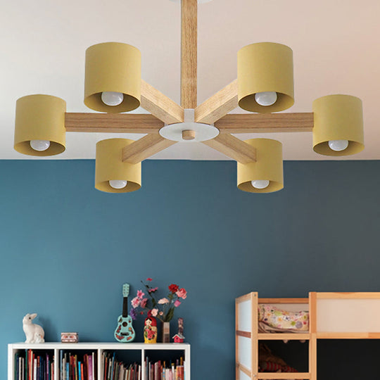 Modern Wood Cylindrical Kid's Bedroom Pendant Light with Shade - Ceiling Chandelier