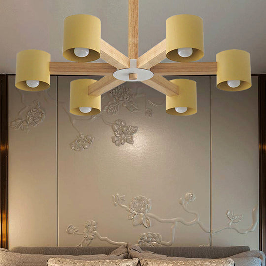 Modern Wood Cylindrical Kid's Bedroom Pendant Light with Shade - Ceiling Chandelier