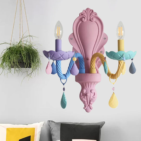 LED Wall Light with Crystal Deco: Glass Candle Sconce for Child Bedroom, 2 Lights, Kids