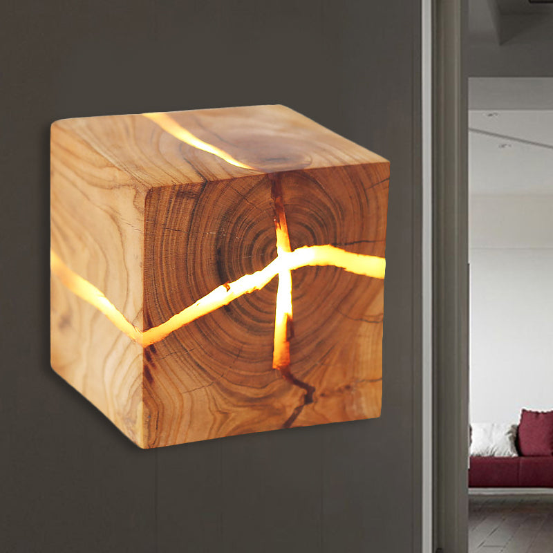 Rustic Cracked Cube Wall Light Wood Sconce for Kids Bedroom and Nursing Room