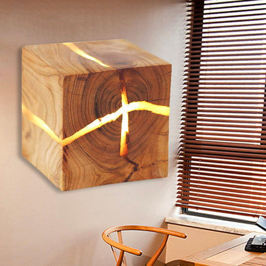 Rustic Cracked Cube Wall Light Wood Sconce for Kids Bedroom and Nursing Room