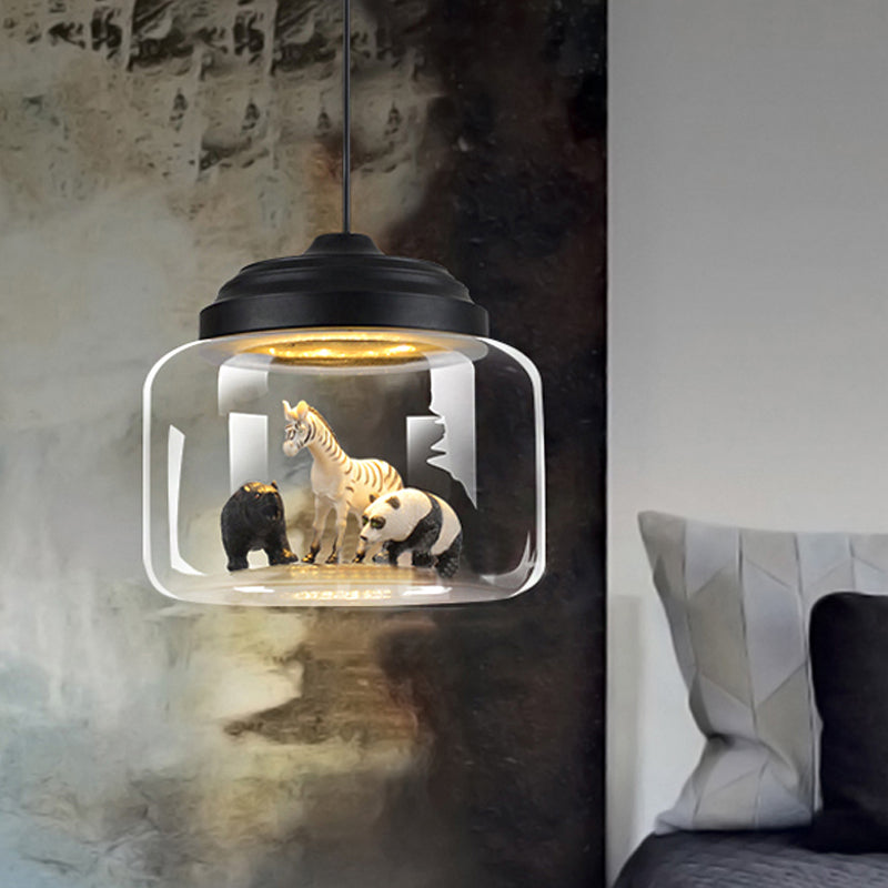 Modern Adjustable Glass Cylinder Bedroom Pendant Lamp with Animal Decor (Random Animal Shipment)