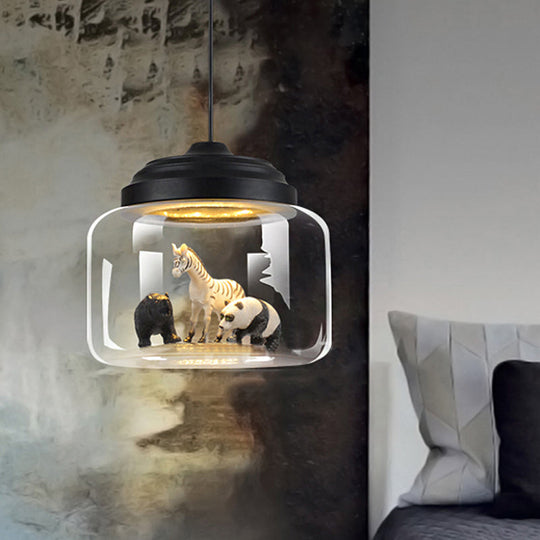 Modern Adjustable Glass Cylinder Bedroom Pendant Lamp with Animal Decor (Random Animal Shipment)