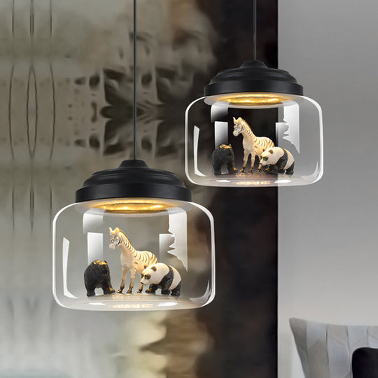 Modern Adjustable Glass Cylinder Bedroom Pendant Lamp with Animal Decor (Random Animal Shipment)