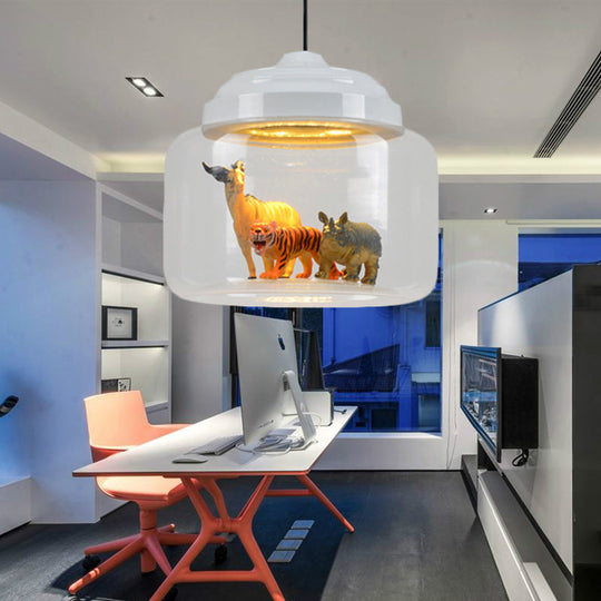 Modern Adjustable Glass Cylinder Bedroom Pendant Lamp with Animal Decor (Random Animal Shipment)