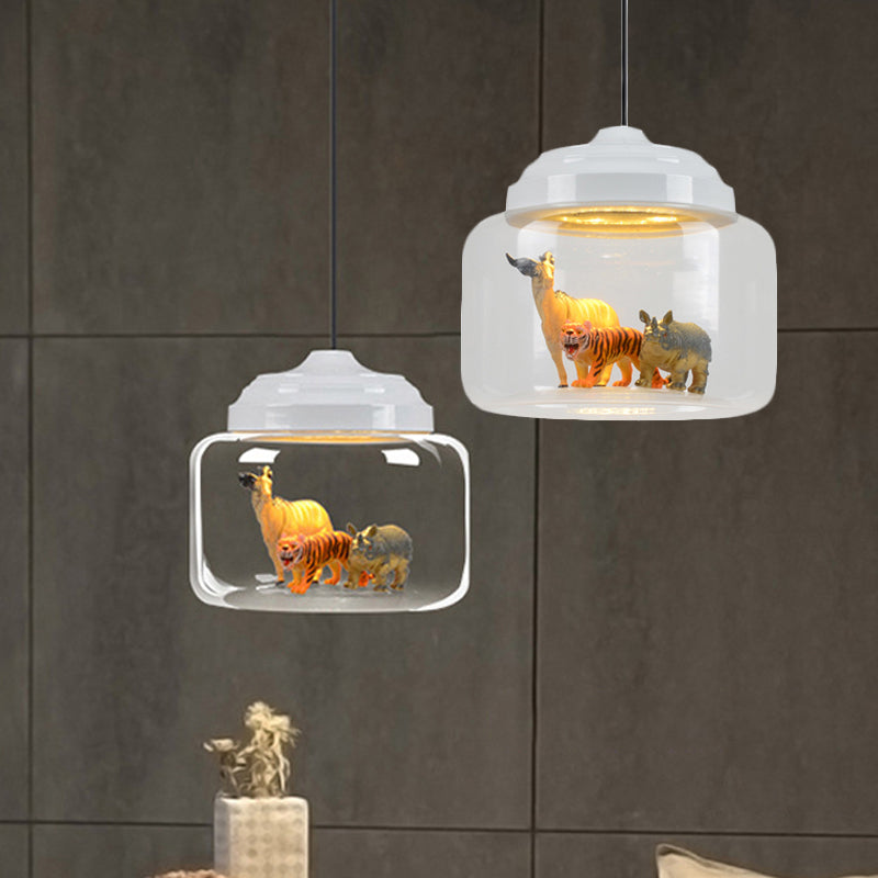 Modern Adjustable Glass Cylinder Bedroom Pendant Lamp with Animal Decor (Random Animal Shipment)