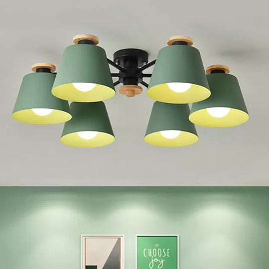 Macaron Metal Semi Flushmount Light - 6 Heads Bucket Ceiling Light for Kindergarten and Lofts