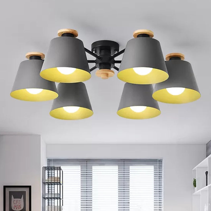 Macaron Metal Semi Flushmount Light - 6 Heads Bucket Ceiling Light for Kindergarten and Lofts