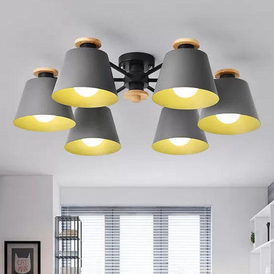Macaron Metal Semi Flushmount Light - 6 Heads Bucket Ceiling Light for Kindergarten and Lofts