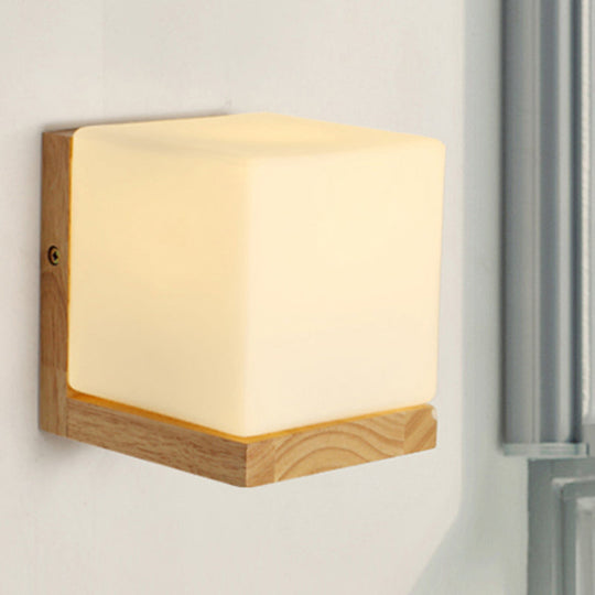 Japanese Style Opal Glass Wood Cube Wall Lamp with 1 Light - Hotel Restaurant White Wall Light