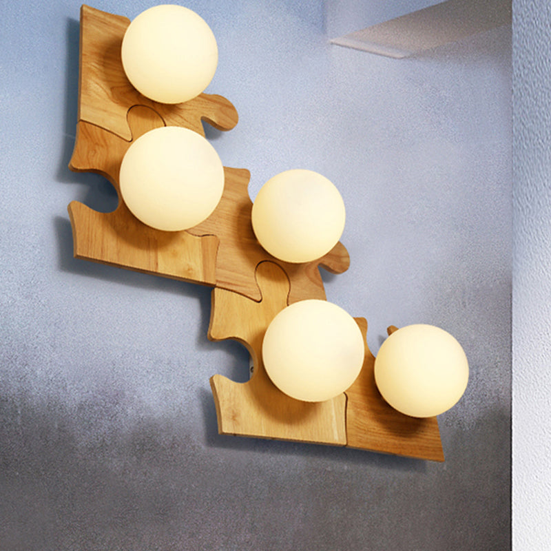Japanese Style Wooden Puzzle Base Wall Light - 1 Light Beige Sconce Lamp for Corridor & Kitchen