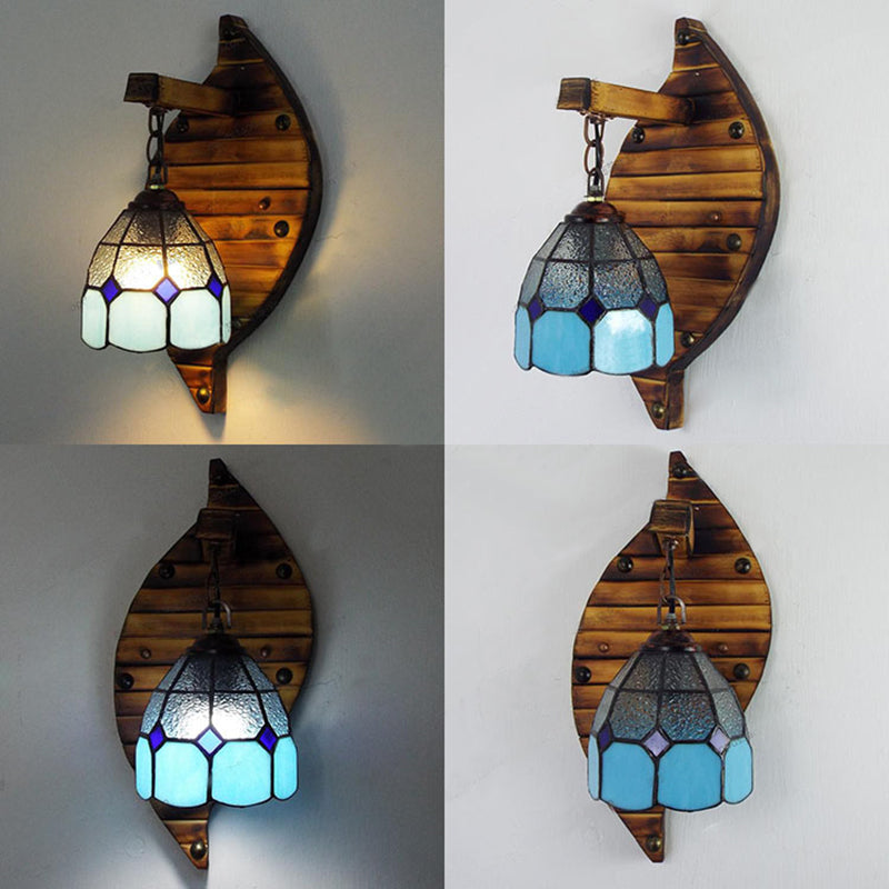 Tiffany Style Stained Glass Wall Sconce - Blue Dome-Shaped Mount Fixture, 1 Light, 6"/5.5" W, with Chain