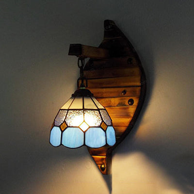 Tiffany Style Stained Glass Wall Sconce - Blue Dome-Shaped Mount Fixture, 1 Light, 6"/5.5" W, with Chain