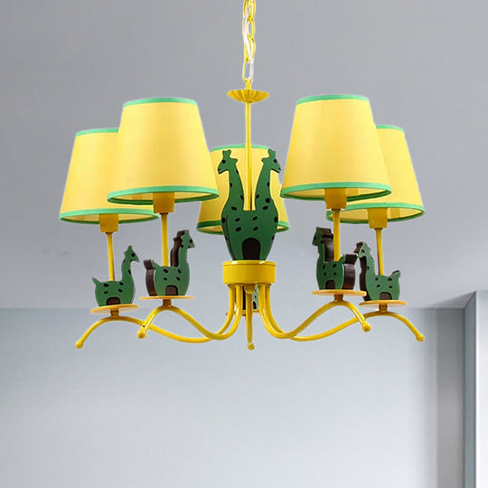 Yellow Cartoon Wood Giraffe Chandelier Light for Living Room with Tapered Shade