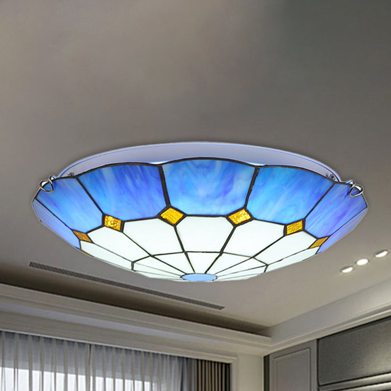 Tiffany Blue Stained Glass Flush Ceiling Light with Bowl Shade - Perfect for Living Room