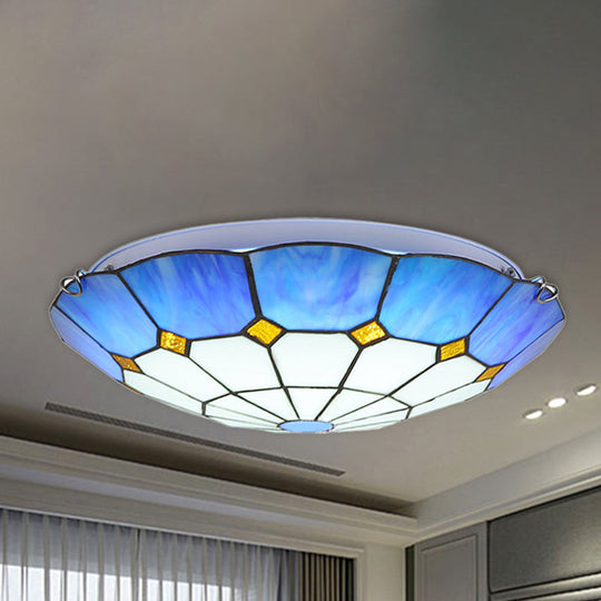 Tiffany Blue Stained Glass Flush Ceiling Light with Bowl Shade - Perfect for Living Room