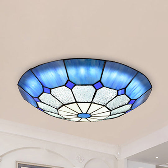 Tiffany Blue Stained Glass Flush Ceiling Light with Bowl Shade - Perfect for Living Room