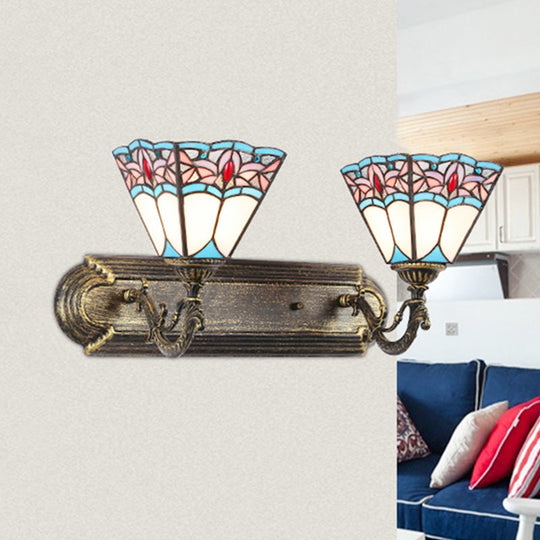 Stained Glass Pyramid Wall Sconce Light - Tiffany Style, Aged Brass - for Bedroom