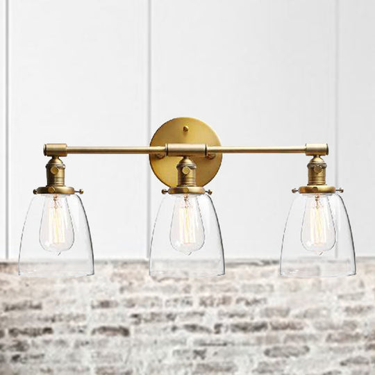 Industrial Brass Cone Wall Mounted Light Fixture - Clear Glass Lighting for Restaurants - 3-Bulb