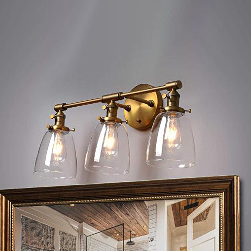 Industrial Brass Cone Wall Mounted Light Fixture - Clear Glass Lighting for Restaurants - 3-Bulb