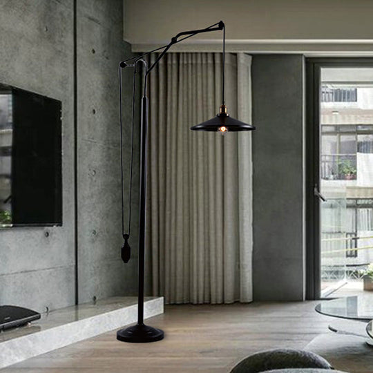 Industrial Flared Shade Metal Floor Lamp - Rotatable 1 Light Standing Light in Black for Living Room