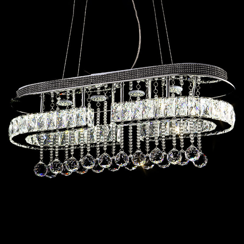 Modern LED Crystal Pendant Light with Stainless Steel Frame and Tassel Accents
