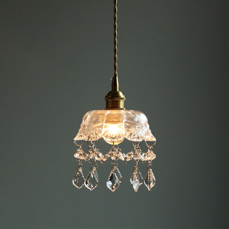 Vintage Flower Shaped Clear Glass Flower Pendant Light with Teardrop Crystals