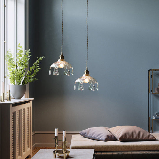 Vintage Flower Shaped Clear Glass Flower Pendant Light with Teardrop Crystals