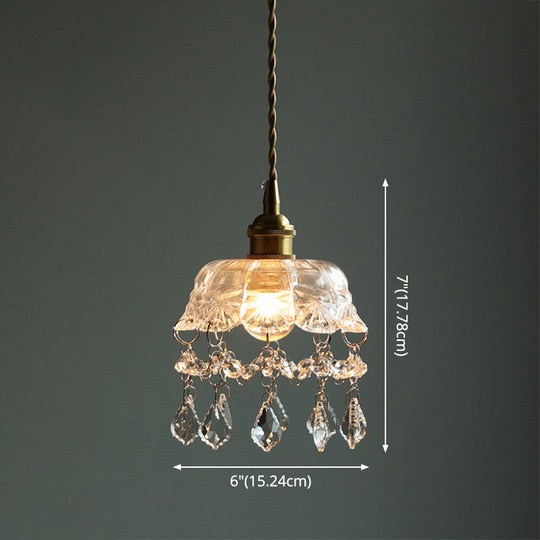 Vintage Flower Shaped Clear Glass Flower Pendant Light with Teardrop Crystals