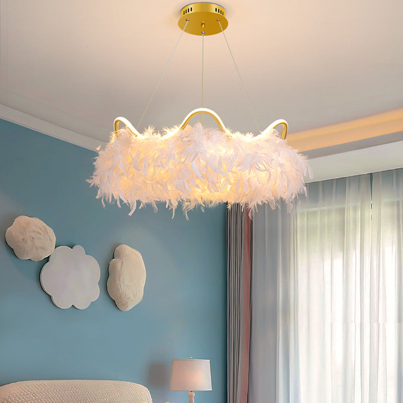Minimalist Feather White Crown LED Chandelier - Ideal for Kids Bedroom Hanging Light