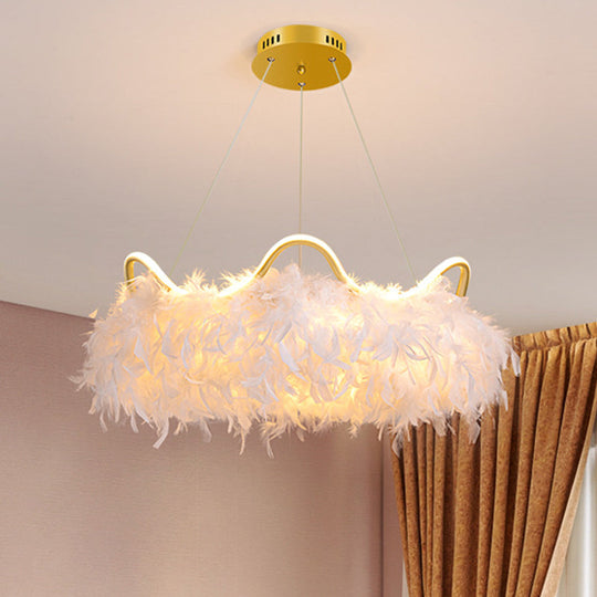 Minimalist Feather White Crown LED Chandelier - Ideal for Kids Bedroom Hanging Light