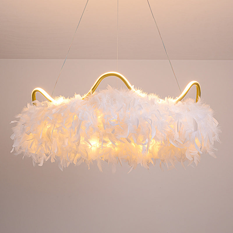 Minimalist Feather White Crown LED Chandelier - Ideal for Kids Bedroom Hanging Light