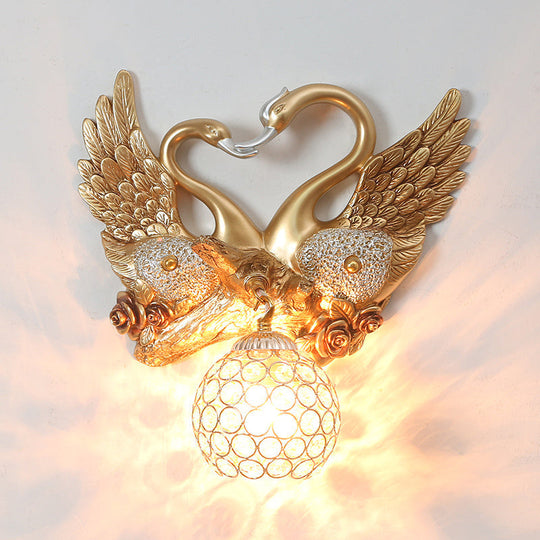 Vintage Gold Resin Swan Wall Sconce with Metal and Crystal Shade
