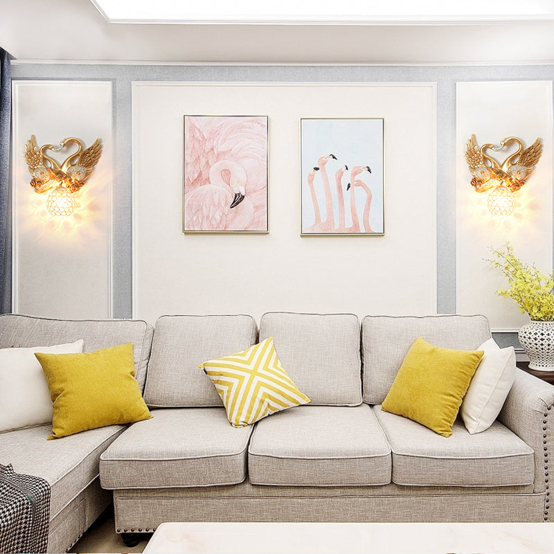 Vintage Gold Resin Swan Wall Sconce with Metal and Crystal Shade