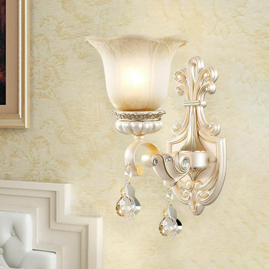 Traditional White Glass Wall Mount Sconce Light with Crystal Drop - 1/2 Lights for Hallways