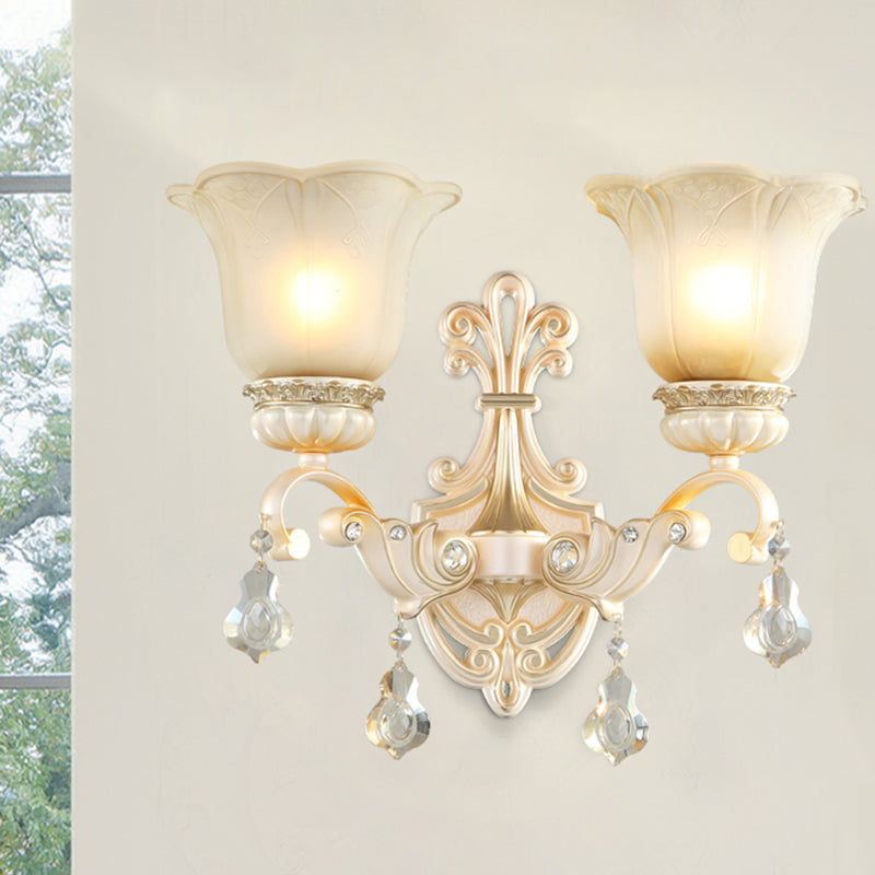 Traditional White Glass Wall Mount Sconce Light with Crystal Drop - 1/2 Lights for Hallways