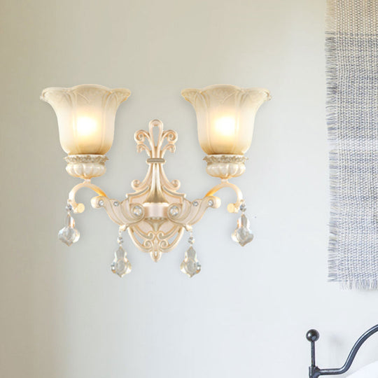 Traditional White Glass Wall Mount Sconce Light with Crystal Drop - 1/2 Lights for Hallways