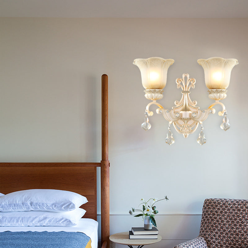 Traditional White Glass Wall Mount Sconce Light with Crystal Drop - 1/2 Lights for Hallways