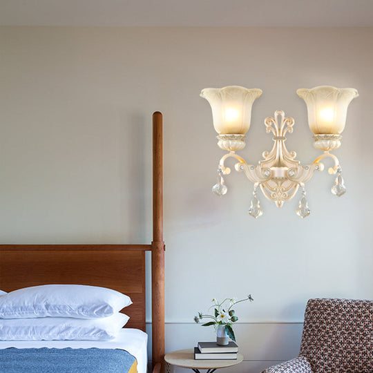 Traditional White Glass Wall Mount Sconce Light with Crystal Drop - 1/2 Lights for Hallways