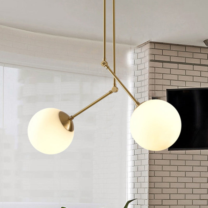 Height-Adjustable Milk Glass Orb Pendant Light in White & Brass for Cafes