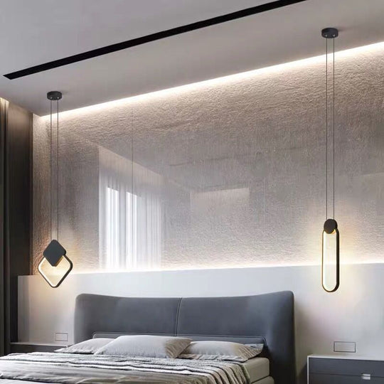 Minimalist LED Pendant Bedroom Lamps – Black Metal Ring Design