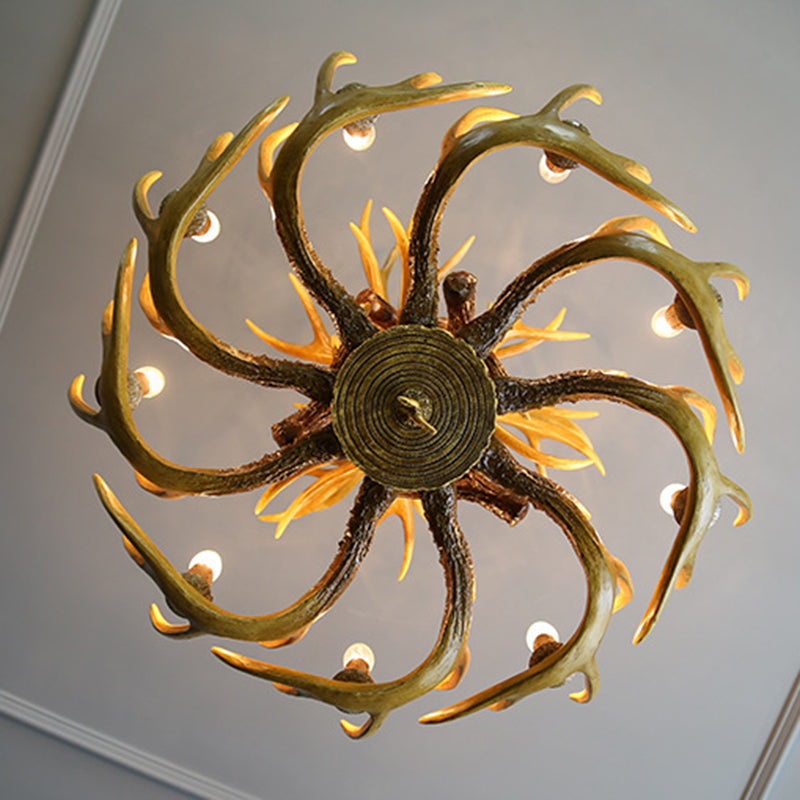 Rustic Wood-like Resin Deer Horn Chandelier - American Restaurant Pendant Light Fixture