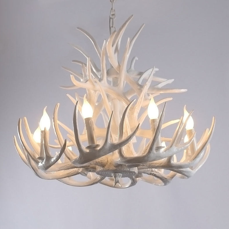 Bare Bulb Antler Chandelier Country Style White Resin Suspension Light for Living Room