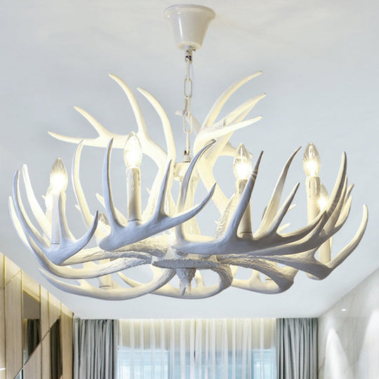Bare Bulb Antler Chandelier Country Style White Resin Suspension Light for Living Room