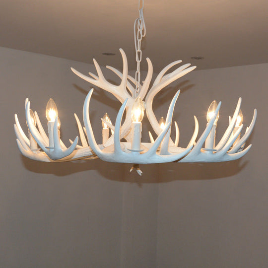 Bare Bulb Antler Chandelier Country Style White Resin Suspension Light for Living Room
