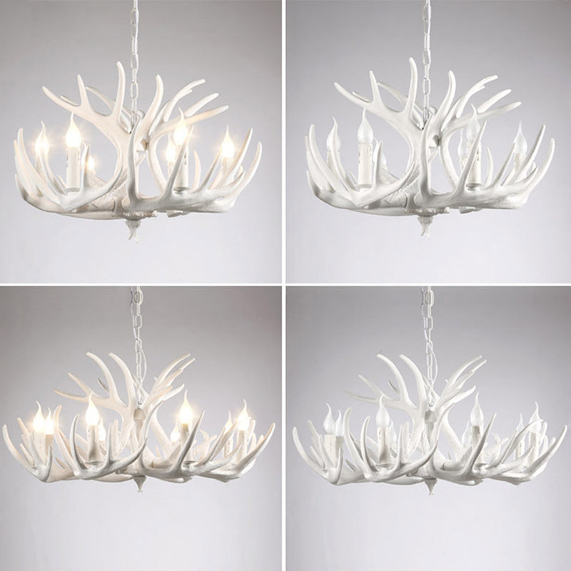 Bare Bulb Antler Chandelier Country Style White Resin Suspension Light for Living Room